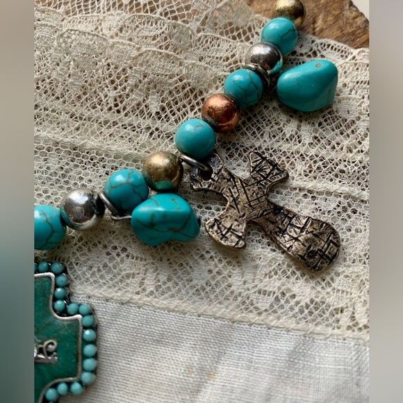 Turquoise Blue Green Cross Rhinestones Boot Chain Jewelry Southwestern Country - Picture 2 of 8